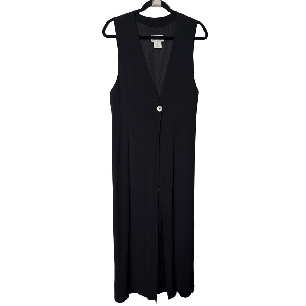 Hollys Vintage Black Crepe Maxi Duster Vest Single Button Made in Canada Sz 14